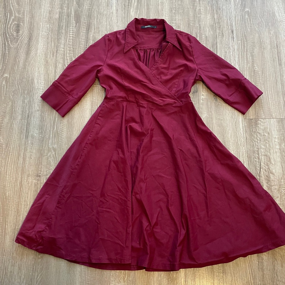Miusol Womens Dress Large Burgundy Cotton Blend Wrap V-Neck A-Line Fit & Flare
